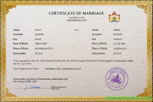 Netherlands marriage certificate PSD template